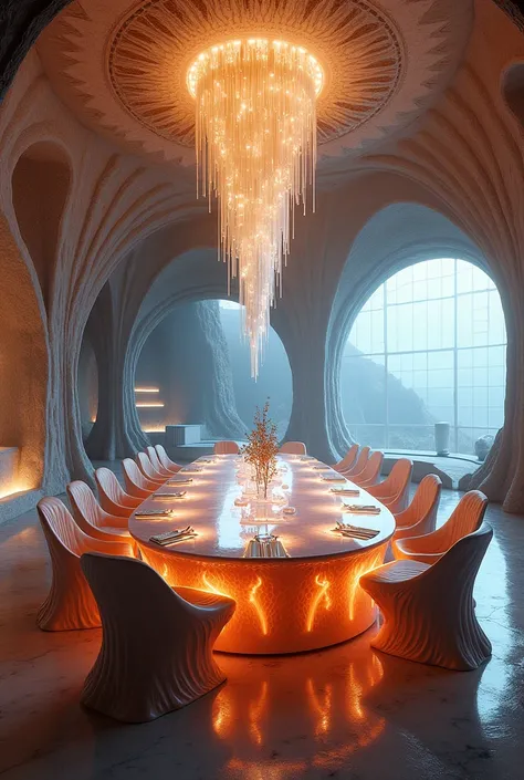 "Create an extraordinary and unique dining hall, never seen before by anyone. The hall should feature an opulent, yet otherworldly design, with a long, grand dining table made of shimmering, iridescent material. The chairs should be sculptural, with intric...