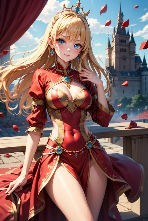  Blonde girl with blue eyes , long hair thin waist ,  medium breasts,  background of castles and red rose petals
Medieval princess dress and jewelry, extreme extra quality 