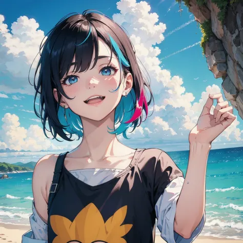  illustration poster creation,  flat illustration , colorful, High saturation, Contour Light, Warm and bright , colorful, HD 8K, color이 있는 빛 입자,  Dichroism , Boy, Upper body, clear face, To the sea, Blue sky, white clouds ,  bright smile in the shower , Re...