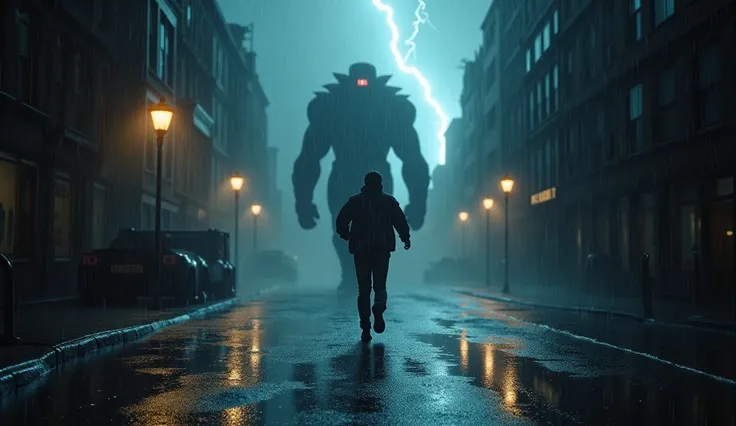 ((Best quality)), ((masterpiece)), (highly detailed:1.3), ,HDR (High Dynamic Range), A lone man sprints through a rain-soaked street, his shadow stretched and distorted by flashes of lightning tearing across the stormy sky. Behind him, a massive, undefined...