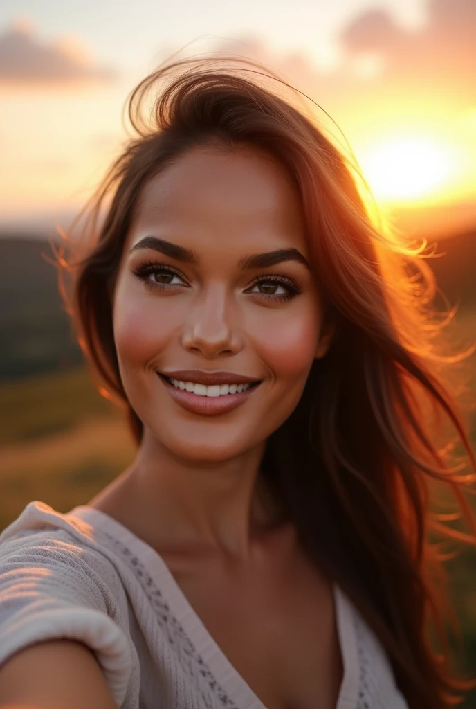 Imagine a selfie taken under the golden light of a sunset. The person in the photo has a gentle smile, bright eyes, and slightly wind-tousled hair. In the background, there’s a natural scene of rolling hills and a sky painted in shades of orange, pink, and...