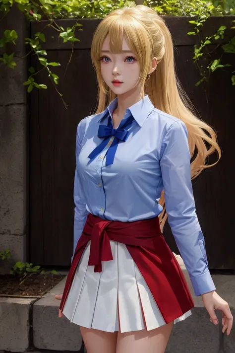 bmasterpiece、top-quality、hight resolution)、 Real life adaption for this character, Masterpiece, high quality, best lighting, cinematic, 1girl, Kei Karuizawa, blonde hair, (perfect body), A red blazer, light blue dress shirt, short white skirt, light blue c...