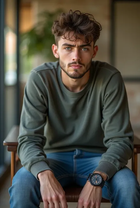 Subject: A 20-year-old young man

Details: He will be sitting on a chair with a slightly tense facial expression.

Action: He is seated and looking forward (the scene is from a front-facing perspective).

Time and Weather: Late afternoon time.

Photo Style...