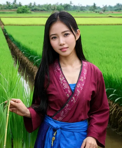 a woman in a hat standing In the rice fields of green grassภาพถ่ายคุณภาพสูง 3D 8K ถ่ายด้วยกล้องคุณภาพสูงสุด กล้อง Canon กล้อง Fuji ใช้ฟิล์มคุณภาพสูงสุดและทันสมัยที่สุด ภาพและสีสันที่สมจริงเกินจริง ภาพระยะใกล้ของผู้หญิง,  with a glossy tile-like texture, we...