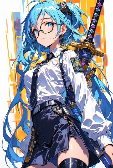 colorful sketch drawing, simple sketch, Girl police officer , long light blue hair, elegant tie, wearing a , with glasses,  sleeve skirt and blouse backed by a futuristic katana sword,