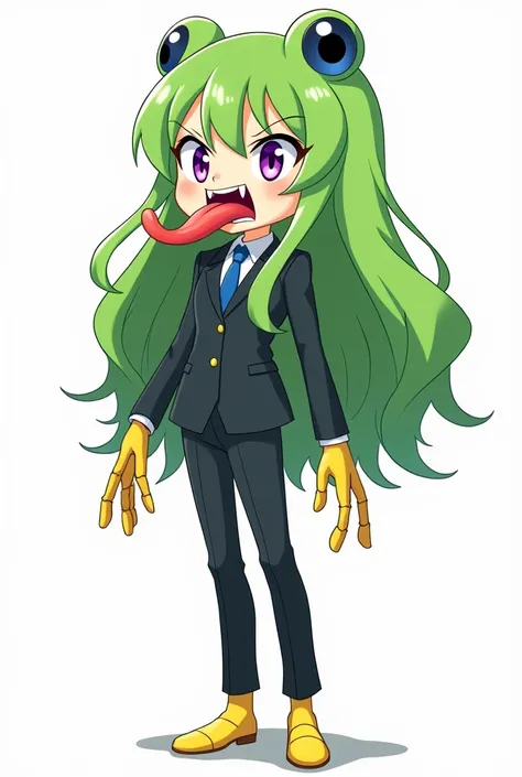 
1 girl, human face, Alone, long green frog hair, PNG white background, Anime style, Full body view, sharp teeth very prominent, frog tongue sticking out very stretched and menacing, menacing expression, CEO coorporation suit, yellow shoes, Full body, pose...