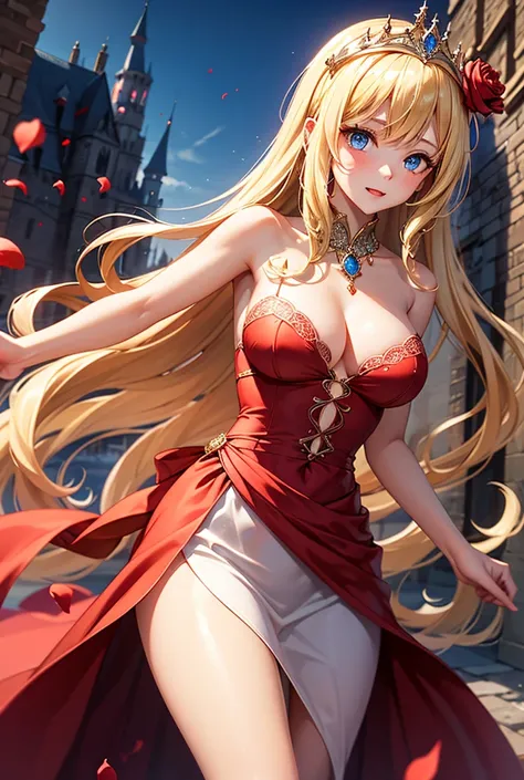  Blonde girl with blue eyes , long hair with waves, Thin waist,  medium breasts, background of castles and red rose petals
Beautiful medieval princess dress and precious jewelry, extreme extra quality 