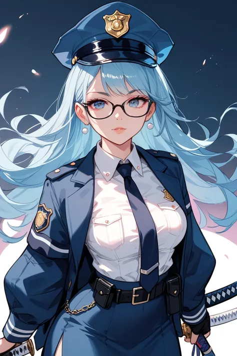 colorful sketch drawing, simple sketch, Girl police officer , long light blue hair, elegant tie, wearing a , with glasses,  sleeve skirt and blouse backed by a futuristic katana sword,