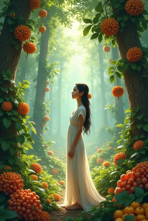 Girl standing with fruit forest 