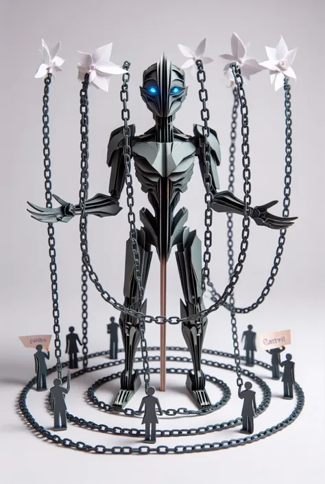 "Origami of a robotic figure surrounded by chains, symbolizing centralized artificial intelligence, and small human figures holding papers marked control."

