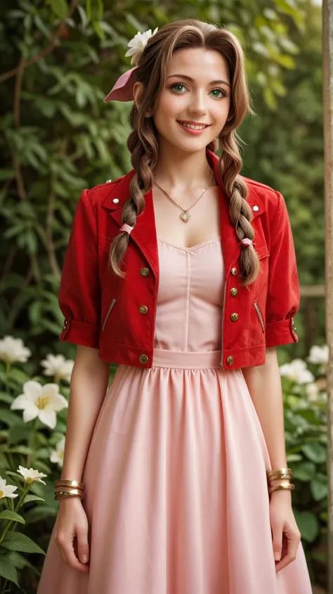 UHD, (masterpiece, highest quality), Aerith Gainsborough, (1 young beautiful girl, solo:1.1), (hair, long hair, brown hair, dutch hair, Braided ponytail), (Eyes, Big Eyes:1.2), (green Eyes:1.1), bow, ribbon, jewelry, necklace, (Breasts, (natural mid breast...