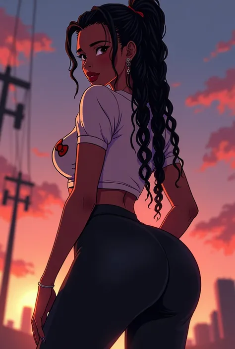 Black woman from anime. Long hair made with braids hitting the forehead. black skin brown. beautiful and defined body. Firm round breasts. big perky butt. Blusa da Hello Kitty. Black legging pants glued and tight . image 100% Seinen Anime Version. Focus on...