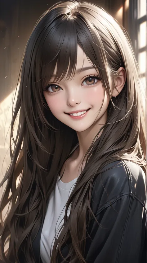 Ultra-realism high resolution,  smiling long hair, 