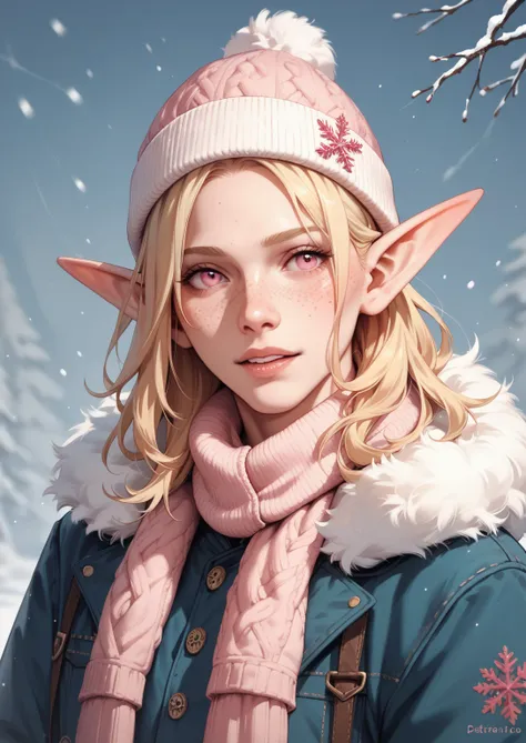 A man half-elf with pale skin,he has bright blonde hair and pink tips, pink eyes. has freckles,pink winter outfit , 