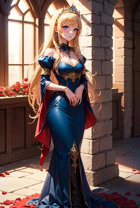  Blonde girl with blue eyes ,  long hair, Thin waist,  medium breasts,  red rose petals and castles background
Beautiful medieval princess dress, precious jewelry extra extreme quality 