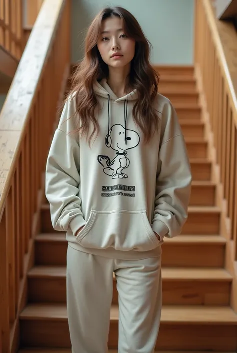 22 year old Japanese woman、 wavy light brown long hair、hoodie and sweatpants 、 SNOOPY is printed on the hoodie 、Realistic、 high image quality、 high definition 、 realistic skin texture in the middle of a wooden staircase、Real photo、Real person、 shot by a pr...