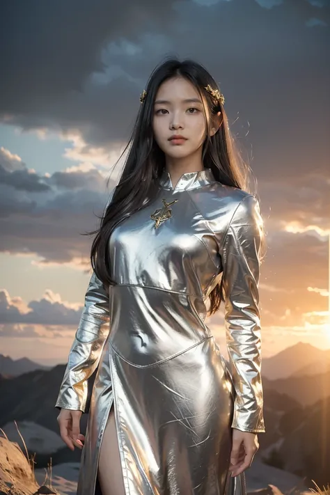 ((masterpiece, best quality, extremely detailed), volumetric lighting, ambient occlusion, colorful, glowing), 1girl, solo, young girl, (dark hair), long hair, halo, aura, sacred, goddess, cleric suit, (silver outfit with gold detailst:1.3), armor, outdoors...