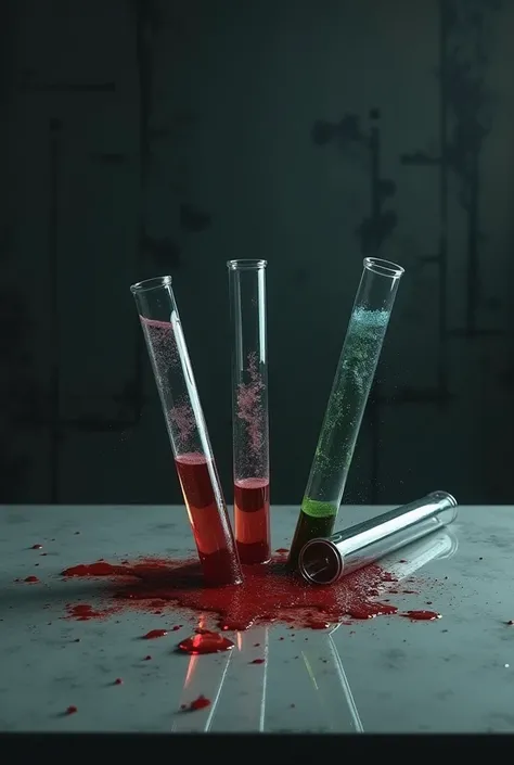  Make 3 test tubes overturned on the table with toxic chemicals. The image to have a black and gray vibe 