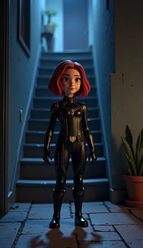 A  of about  wearing a Black Widow costume is standing in front of the dark basement stairs. the background is in a house with dark lighting like at night . 3d realistic cartoon ,  like pixar cartoon