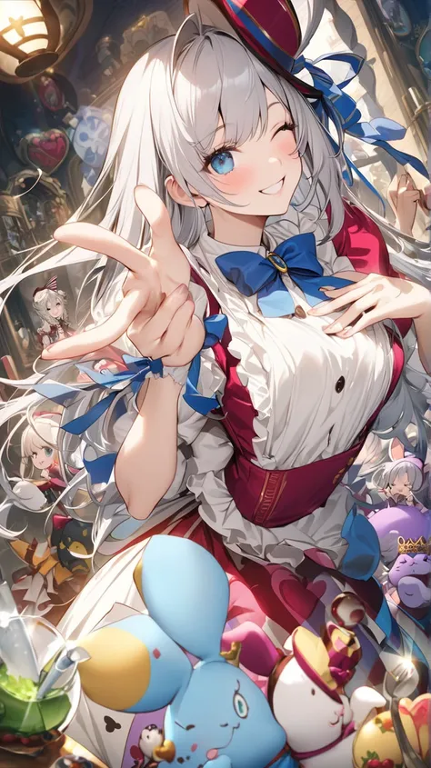 ( cute) Alice in Wonderland、 best quality 、heart、smile、beautiful、 Silver Hair、 winks( close one eye)、Ribbon on head( blue ribbon、Stand tall)、 Light Shines In 、beautiful fingers、 Alice in Wonderland(Guide Rabbit、Mad Hatter、 cheshire cat 、The Queen of Hearts...