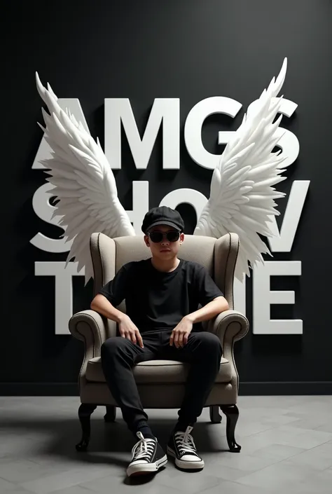 Create a 3D illusion for a Instagram profile picture where a boy in a black shirt sits casually on a Wingback Chair. Wearing sneakers, a black cricket cap, and sunglasses, he looks ahead. The background features "Amgshowtime  in big and capital white fonts...