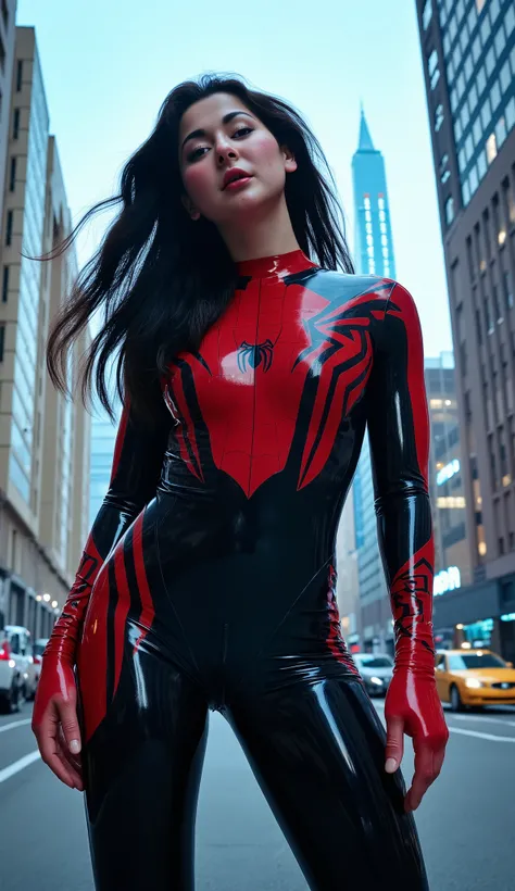 Hania Amir in spiderman costume, her costume is like a bodysuit, (black hair), HD, remastered, HQ, 4K quality, cyberpunk cityscape, The very sexy spider gwen with her neckline outfit 