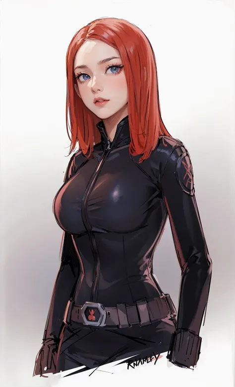 The image depicts Black Widow. She is illustrated with bright red, shoulder-length hair and blue eyes, and is clad in a sleek skin-tight shiny black latex bodysuit with a silver zipper running down the front. The suit is complemented by her shiny iron wris...