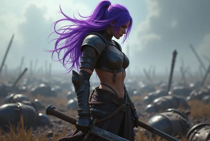  Do a warrior girl with purple hair looking at a field of fallen soldiers. Let her be half on her back  