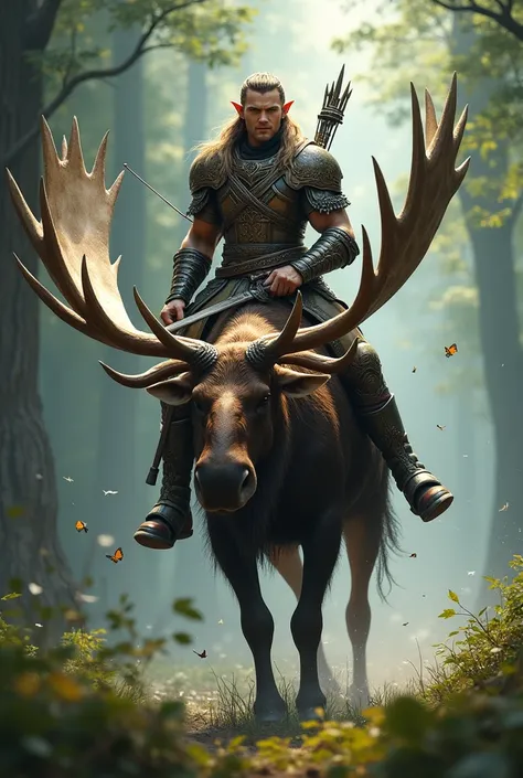 Elf male warrior on the back of a moose 