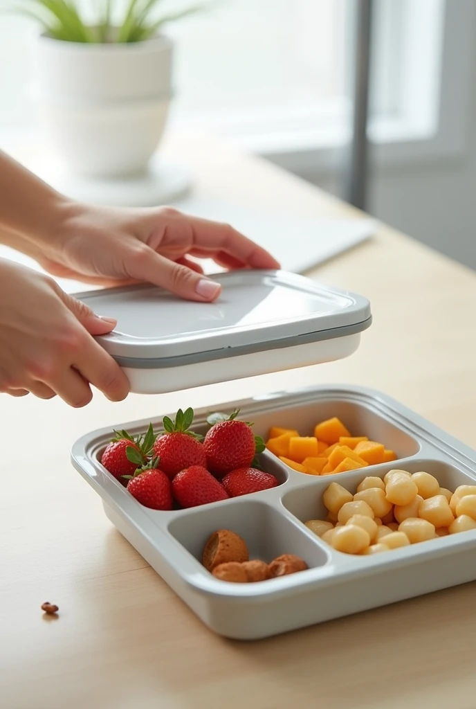 food container with a correct closing indicator on the lid and divisions inside and Smart hermetic lid
