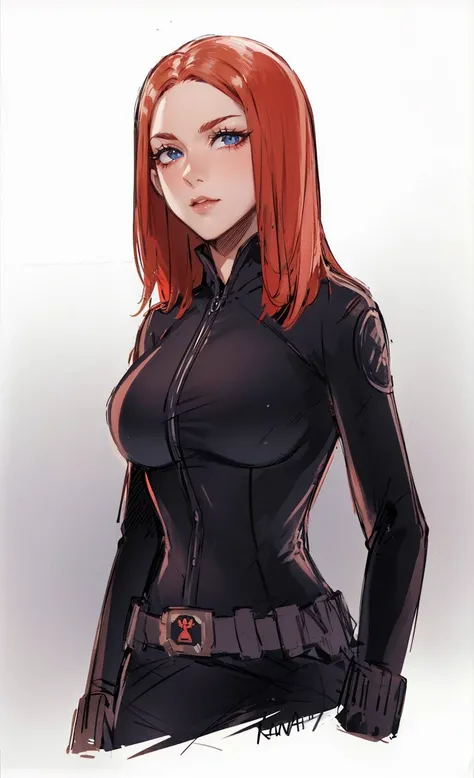 The image depicts Black Widow. She is illustrated with bright red, shoulder-length hair and blue eyes, and is clad in a sleek skin-tight shiny black latex bodysuit with a silver zipper running down the front. The suit is complemented by her shiny iron wris...