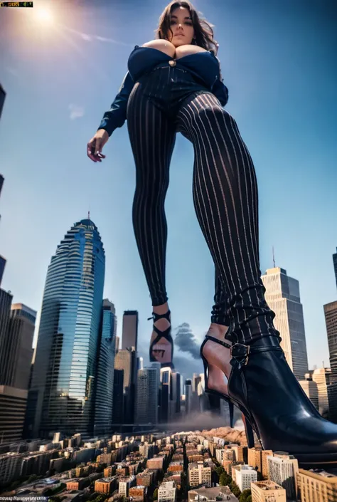 Giantess art, 100 miles tall giga giantess, sophisticated and stylish woman in a light black italian pinstriped trouser suit, form fitting crisp white office shirt, and a large wide red necktie in a windsor knot, with a beautiful, curvaceous figure, large ...