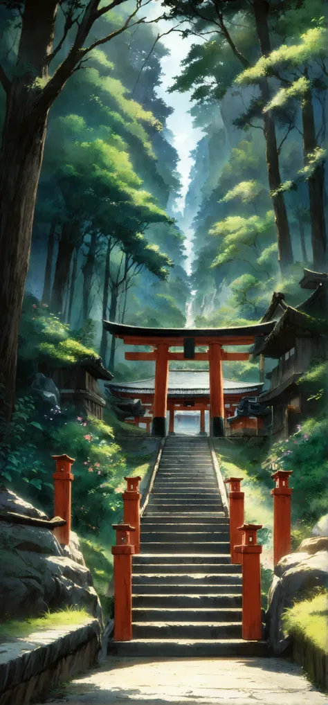 
a close up of a stairway leading to a shrine in the woods, torii in a moutain with trees, traditional japanese concept art, inspired by Torii Kiyomoto, japanese shrine, japanese torii in a moutain, anime scenery concept art, japan lush forest, beautiful a...