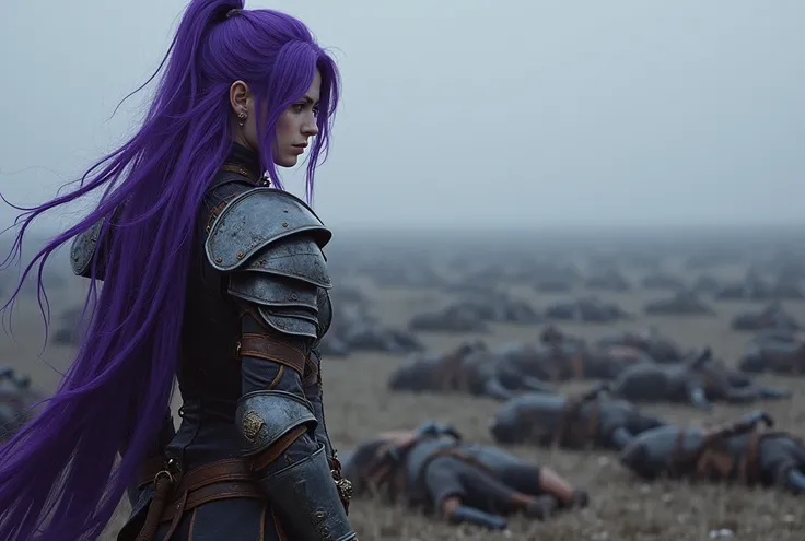  Do a warrior girl with purple hair looking at a field of fallen soldiers. Let her be half on her back .She who is on the left side and looking at the horizon full of fallen soldiers 