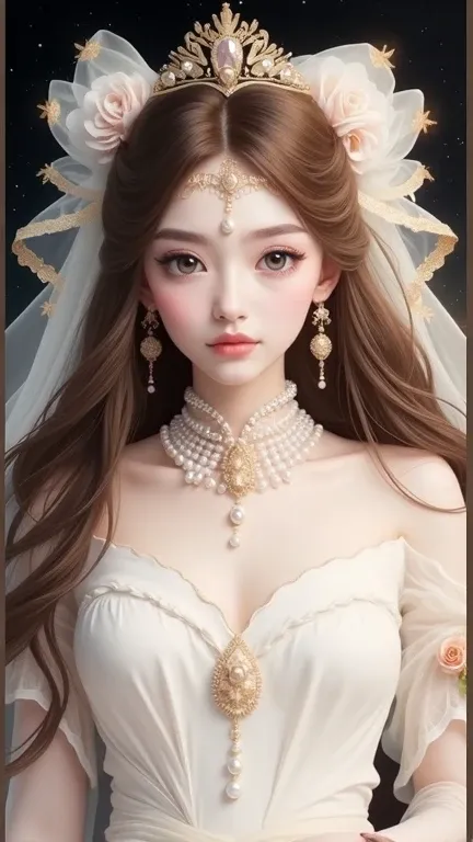 A stunningly detailed fantasy bride with long, flowing brown hair, wearing a luxurious white gown adorned with golden embroidery and floral patterns. Her large, expressive gray eyes gaze forward, and her face is framed by a regal golden tiara with a centra...