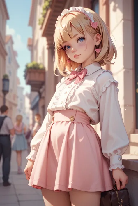 A petite little blonde little cutie Loli dressed in pink big boobs standing 