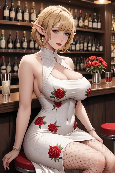 mature elf wearing resort dress, sleeveless dress, white dress, Huge red flower printed dress, fishnet stocking, braless, no bra, covered huge boobs, short hair, blonde hair, bar, sitting