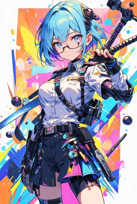 colorful sketch drawing, simple sketch, Girl police officer , light blue hair, Futuristic agent hero outfit, with glasses,  sleeve skirt and blouse backed by a futuristic katana sword