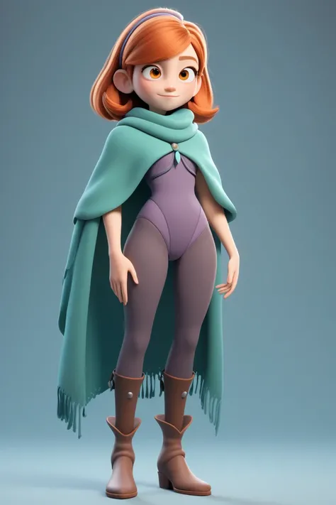 pixar style, 3d blender render, 1girl, hero, home made costume with a cape made from a large scarf, leotard, leggings and long boots, muted colours