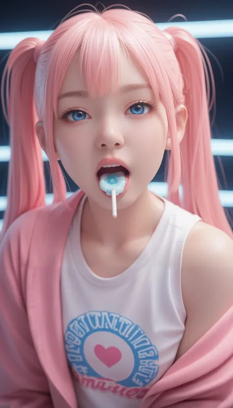 score_9_up, score_8_up, score_7_up, score_6_up, 1girl, solo, pastel colors, open mouth, middle hair, felatio , deep throat, blue ice candy, milk in mouth, milk on tongue, twintails, looking at viewer, blue eyes, pastel neon lighting, source_anime, neon, ne...