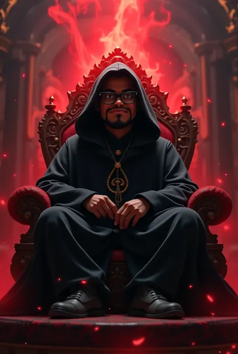 Pixar style image, from a magician, young adult, black skin, slightly overweight, Of prescription glasses with black frames,  goatee,  of a black wizards clothing of a hooded wizard , sitting on a throne, With a menacing air, with a red aura of magic aroun...