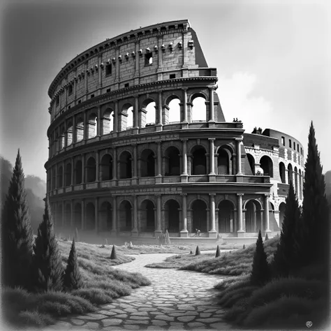  I need a pencil drawing of the Roman Colosseum. In a dark environment 