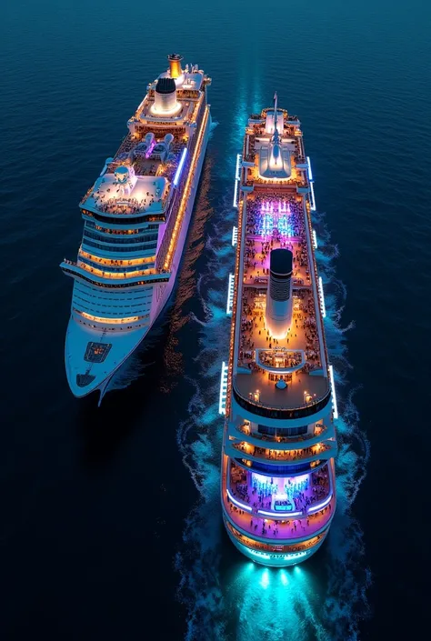 Two cruise ships seen from above in the middle of the sea at night,  one of the cruises is normal and the other is full of parties, You can see lights coming out of the , Very party , exaggeratedly