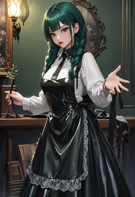  Highest image quality , masterpiece fails,  Portrait painting , Japanese,25+,Model, girl of incredible beauty,evil,(( full height)), ((dark green hair,Braided in two braids)), straight brow bangs ,((( black lace latex Apron))) ,(latex maid outfit ),covers...