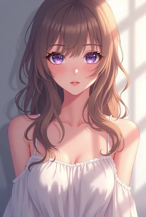 Beautiful anime-style woman with long light brown hair,  light purple eyes ,  white skin , dressed in a casual dress  