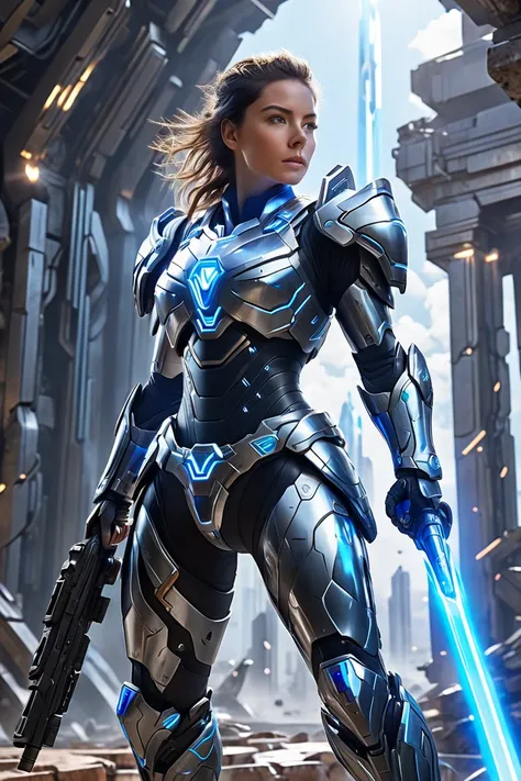 A female soldier equipped with high-tech armor stands on the ruins, with blue light shining on the armor and energy emanating from the plasma sword in hand. The art style has a strong sense of futurism, with silver and blue as the main colors, showcasing t...