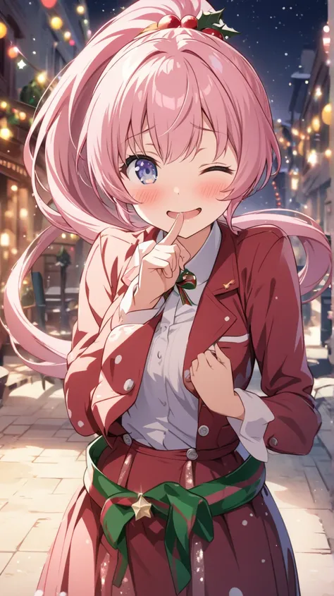 masterpiece、 best quality、 Hi-Res CG Unity 8K Wallpaper 、 high school girl anime illustration 。  1 girl、Nice hands、perfect hand、  pink hair 、 long ponytail、The background is a pale pastel colo赤 landscape. smiles,  blush, Put on a suit、 poster/magazine illu...