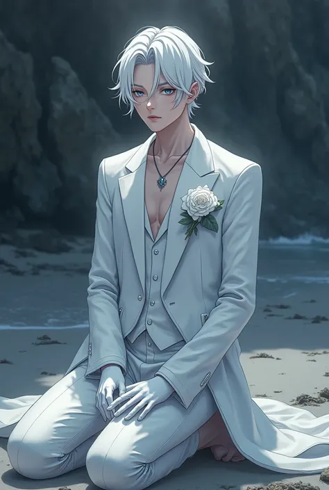 23-year-old boy ,  dressed in an elegant all-white suit,  with white gloves and a white rose brooch ,  wavy white hair , grey eyes,  pink lips and pretty ,  wearing an albino owl necklace .  who is kneeling on a beach ,  with an empty expression on his fac...