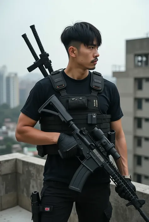  Korean man of approximately 30 years of age ,  short black hair with fringes half a side , low mustache and goatee , athletic physique,  wearing a black military shirt , light armour style tactical vest in black,  black military pants with knee braces ,  ...