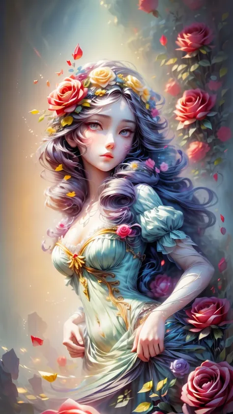 ( beautiful woman、 beauty,long hair,Close clear eyes、masterpiece roses),Rainbow color background, (illustration:1.2,paper art:1.2, tangled:1.2, 3d rendering),(best quality, detailed details, masterpiece, official art, Lighting effects, 4K, Chiaroscuro)